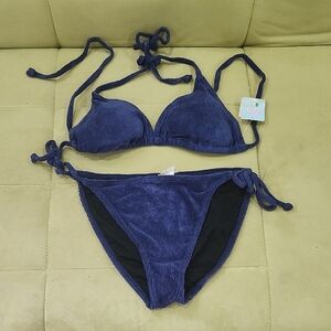 Vtg NWT C.C Blue Halter Bikini Corduroy Set with Adjustable Ties